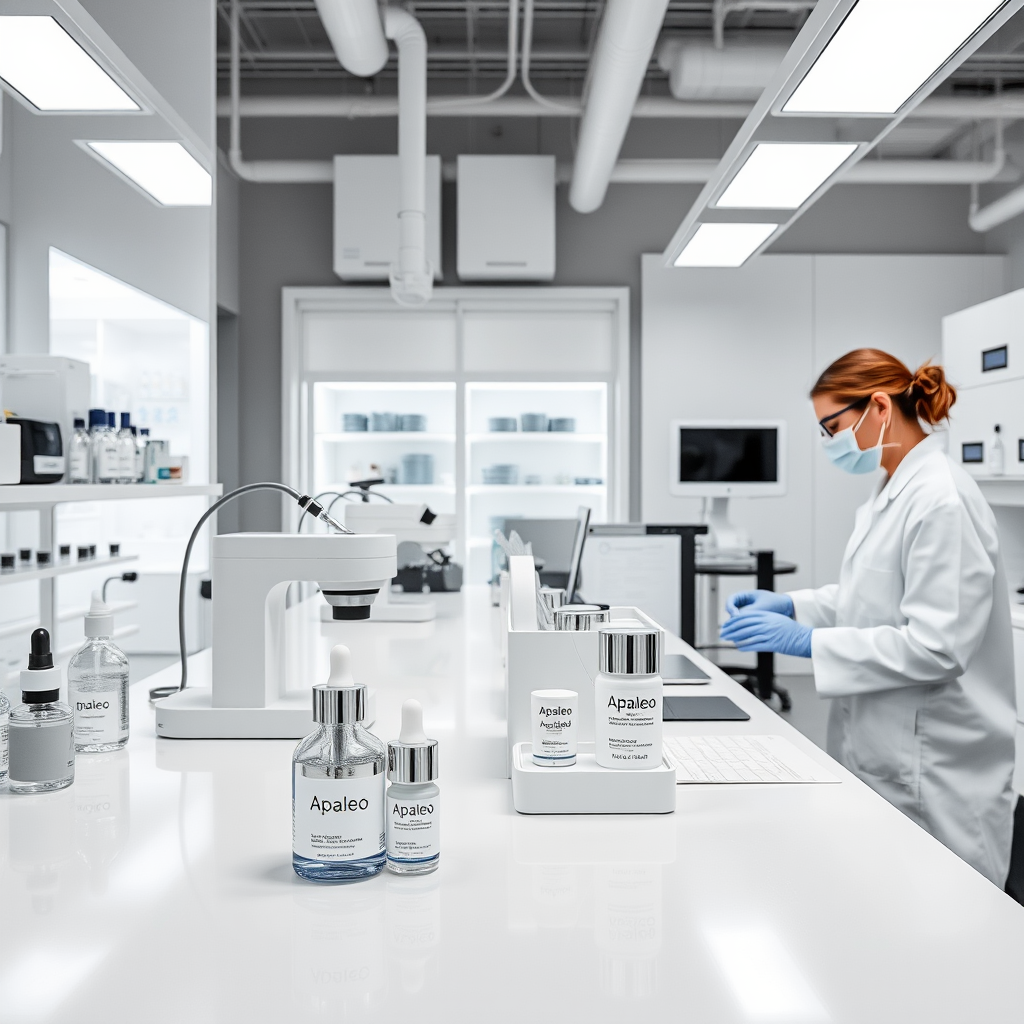Modern skincare laboratory with scientists developing advanced acne treatment formulations, featuring clean white surfaces, precision equipment, and Apaleo product development in progress