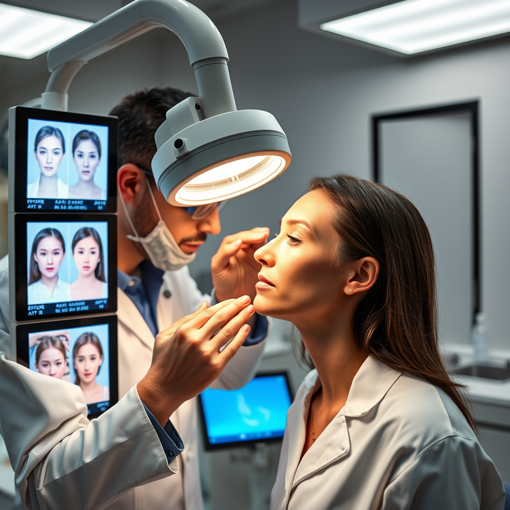 Professional dermatologist examining patient skin under clinical lighting, showing before and after comparison charts on digital displays in modern medical facility