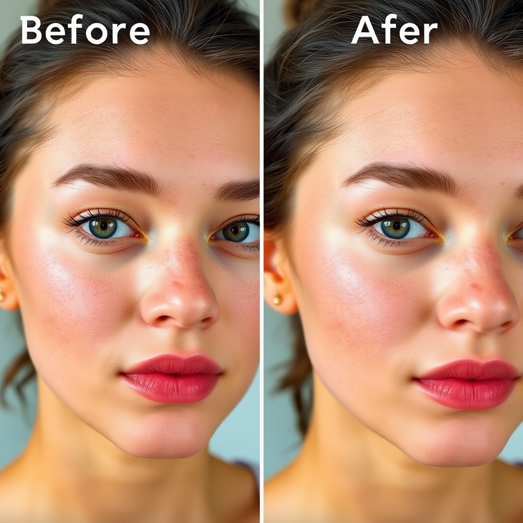 Before and after comparison showing clear improvement in skin texture and reduction of acne breakouts on a young woman's face