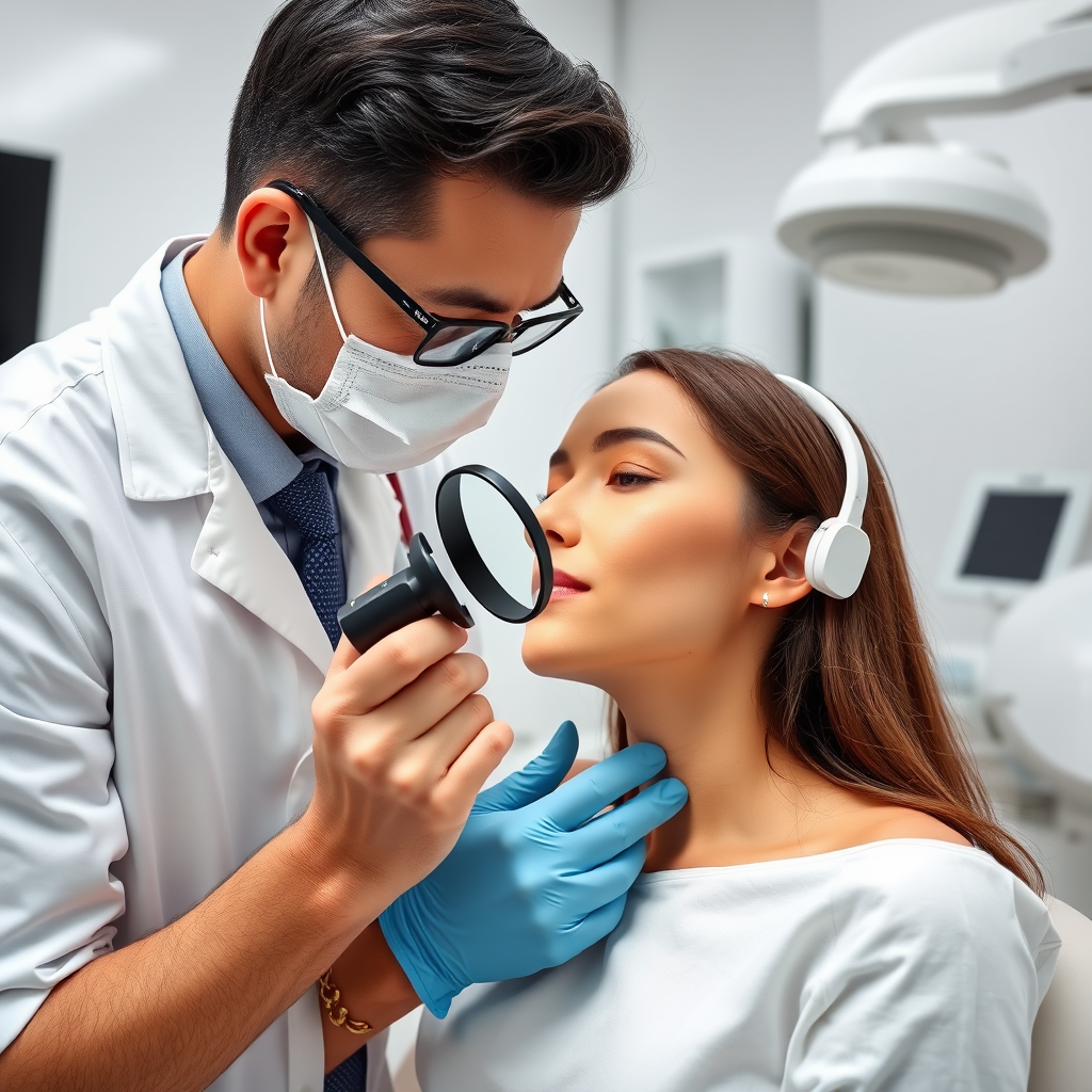 Professional dermatologist examining patient's skin with magnifying glass, modern clinic setting with clean white surfaces and medical equipment for acne treatment