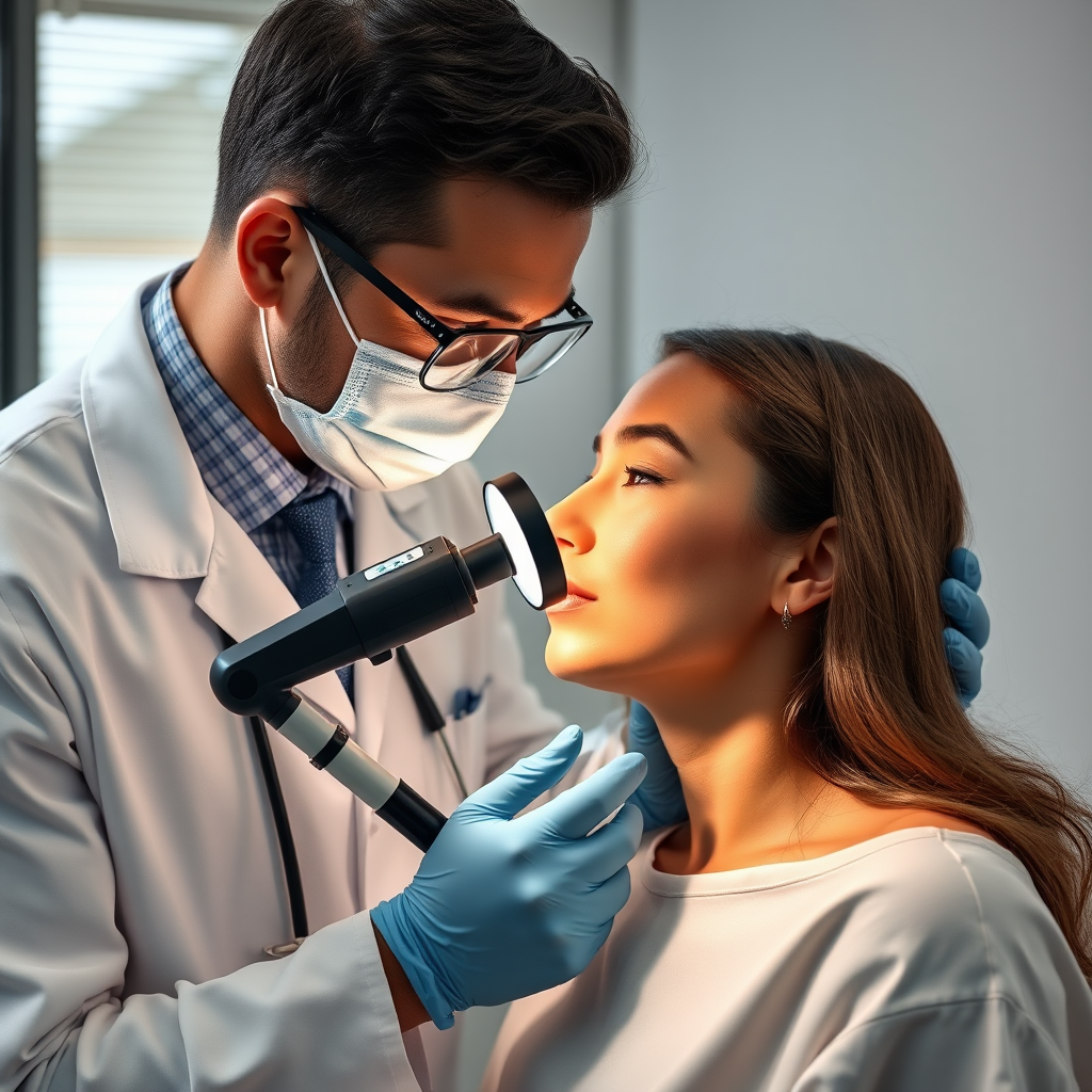Professional dermatologist examining patient's skin with magnifying device in modern clinical setting with soft natural lighting