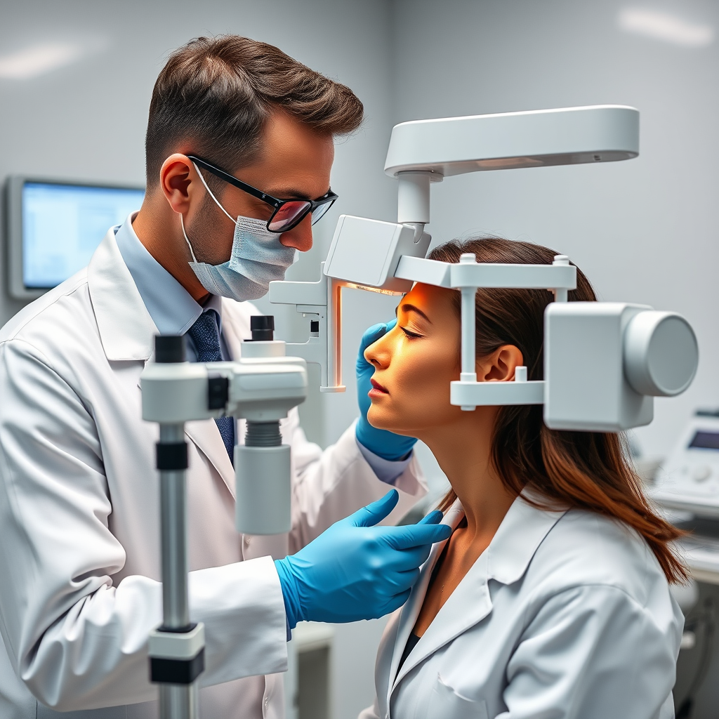 Professional dermatologist conducting detailed skin analysis using advanced diagnostic equipment in a clean, modern clinical setting