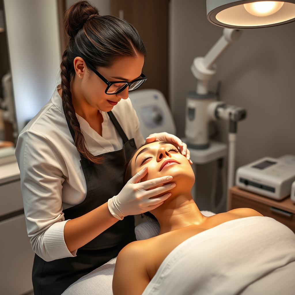 Professional aesthetician performing advanced facial treatment on client in serene spa environment with modern equipment and soft lighting
