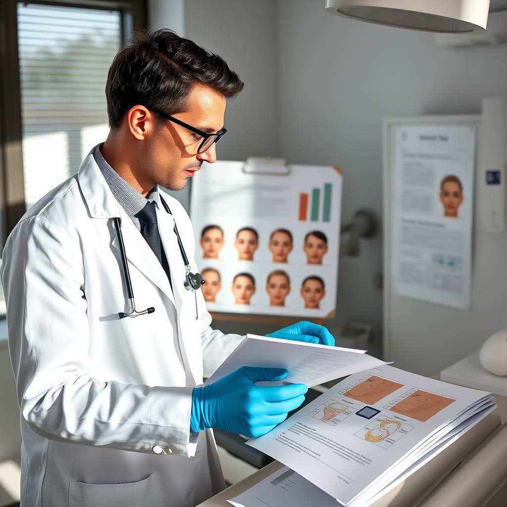 Professional dermatologist reviewing patient skin progress charts and treatment plans in modern clinical setting with natural lighting