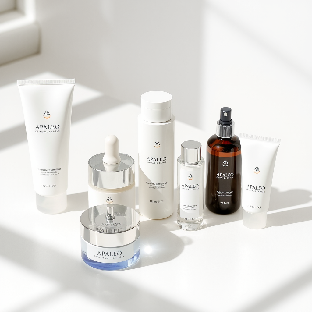 Elegant skincare products arranged on a clean white surface with natural lighting, showcasing apaleo's minimalist packaging design