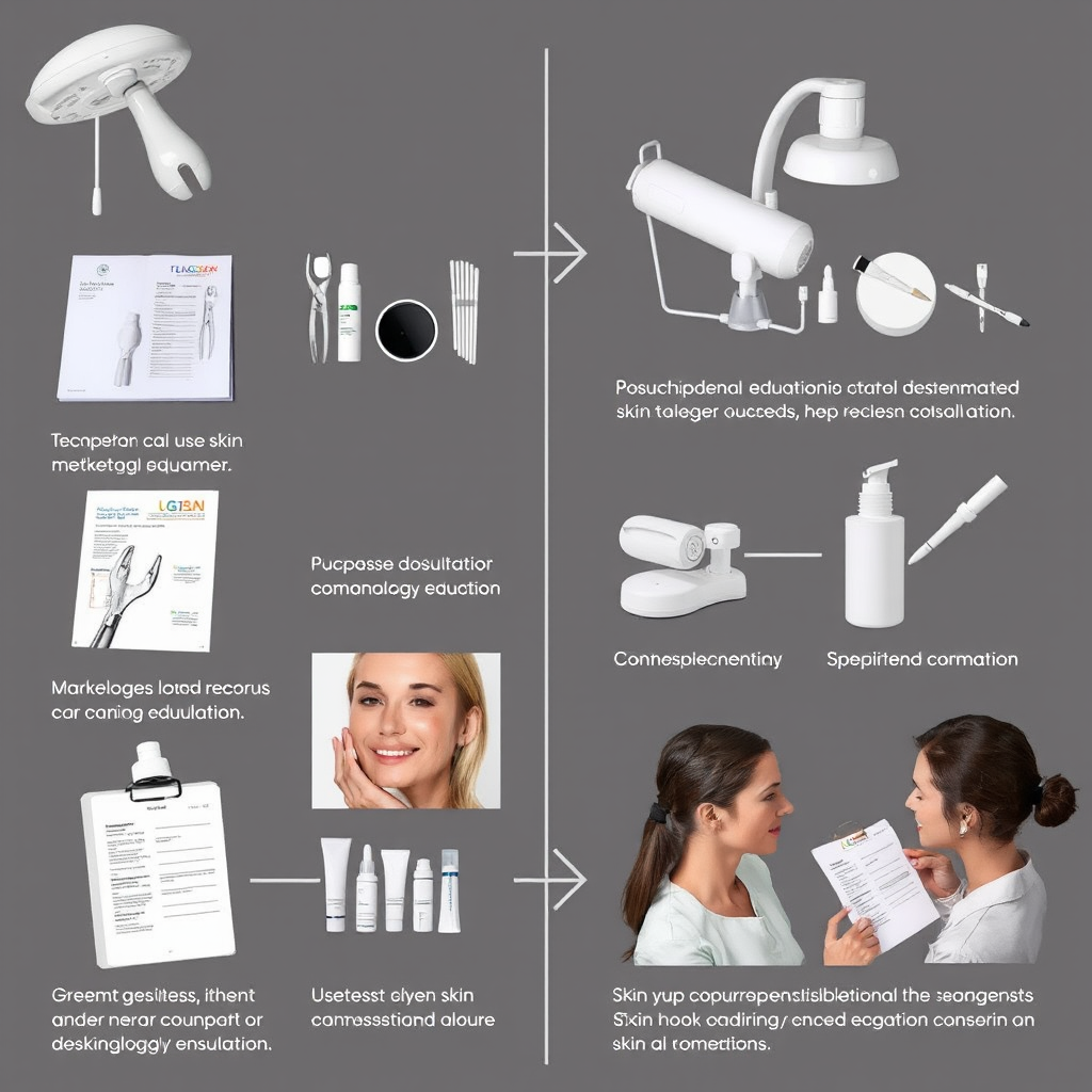 Step-by-step skincare consultation process showing professional dermatological equipment, skin analysis tools, and consultation documentation