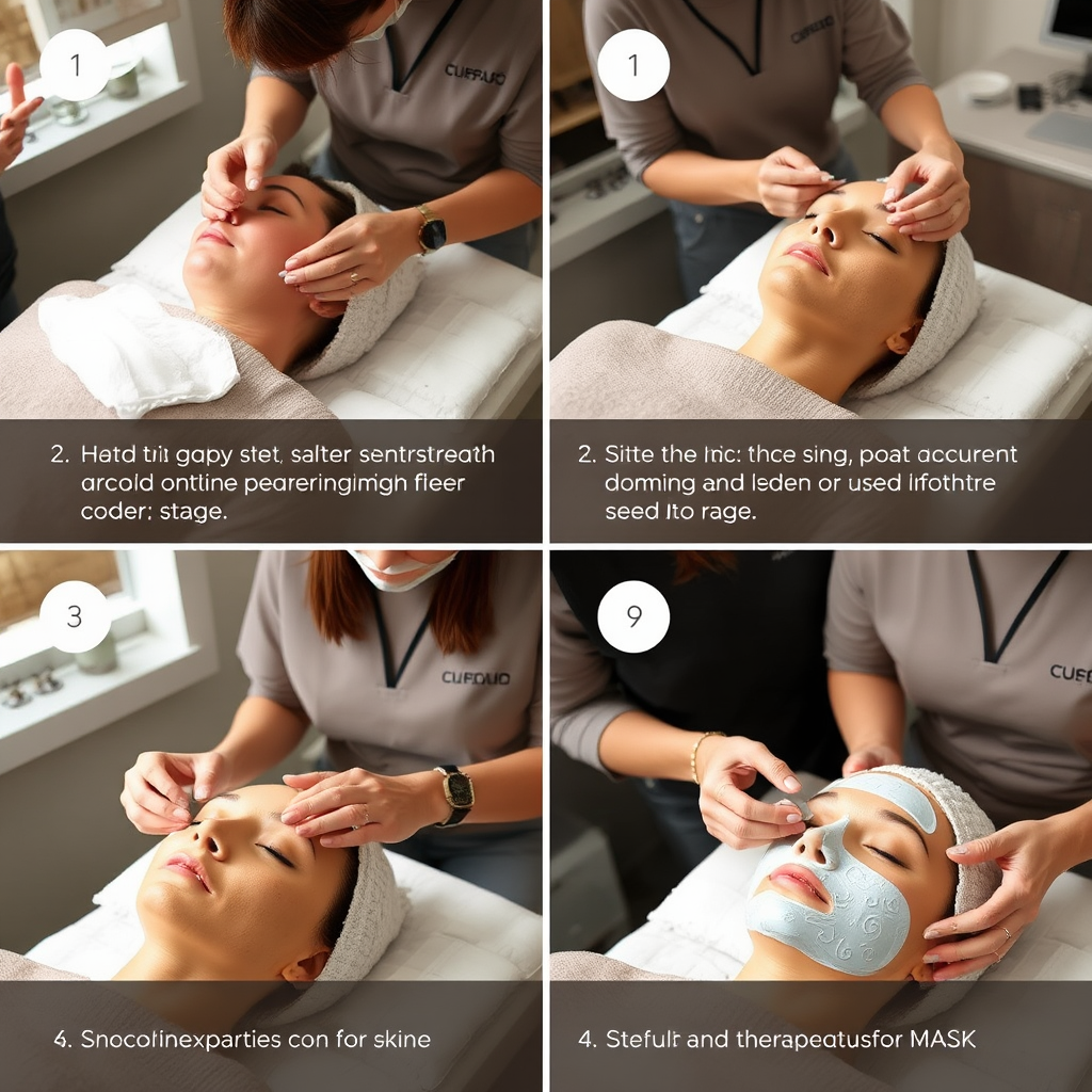 Step-by-step facial treatment process showing skin analysis, cleansing, extraction, and therapeutic mask application in professional spa setting