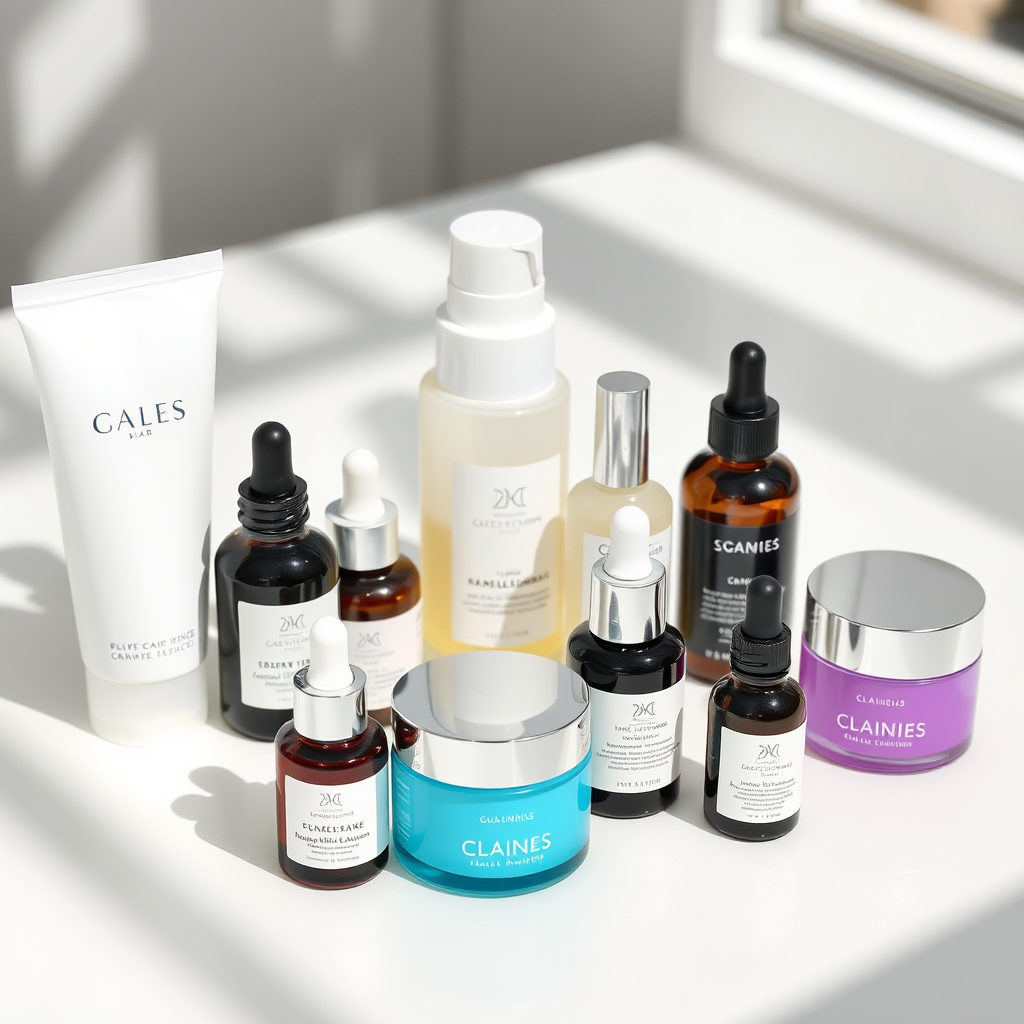 Collection of custom skincare products including serums, cleansers, and moisturizers arranged on a clean white surface with natural lighting