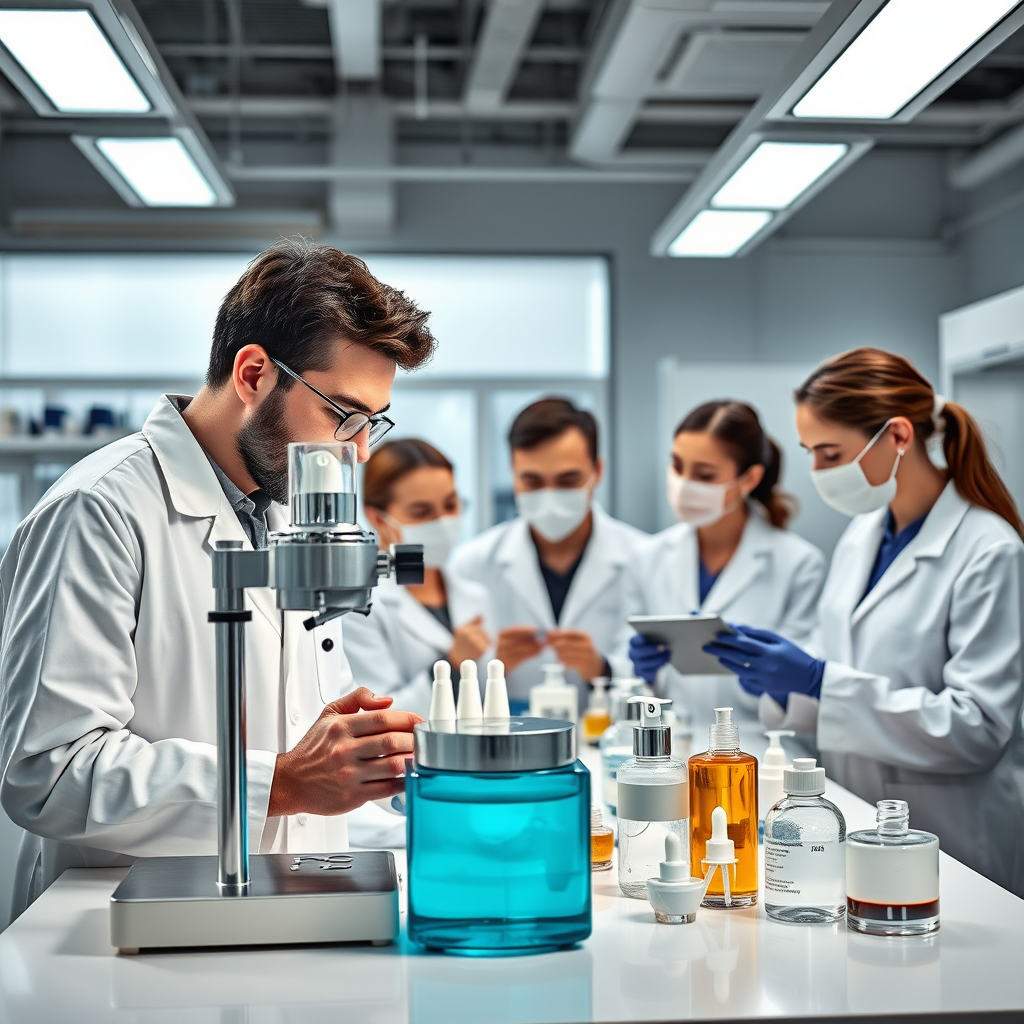 Modern skincare laboratory with scientists in white coats examining advanced formulation equipment and testing innovative acne treatment compounds under bright clinical lighting