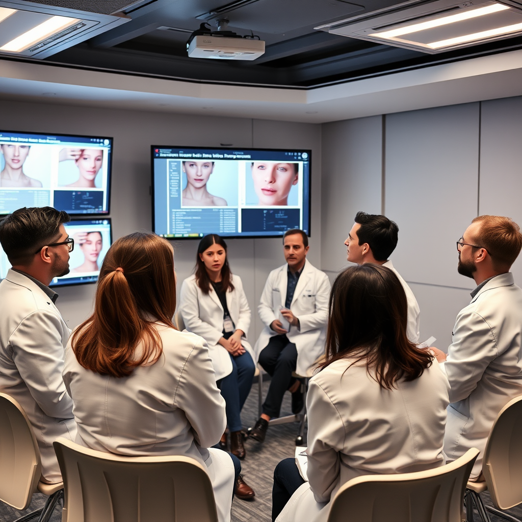 Panel of professional dermatologists in white coats discussing clinical study results in modern conference room with presentation screens showing skin improvement data