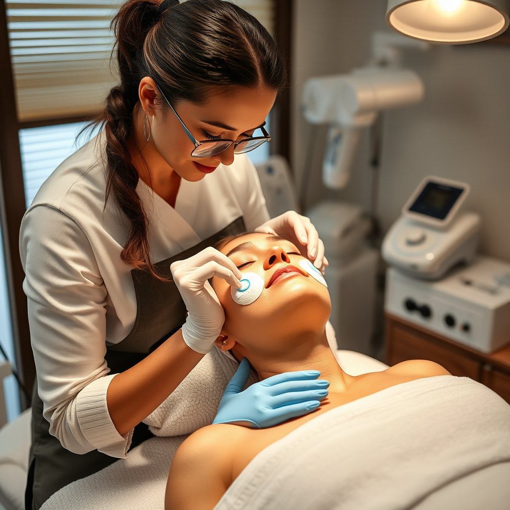 Advanced facial treatment session showing professional esthetician performing deep cleansing procedure on client in serene spa environment with modern equipment