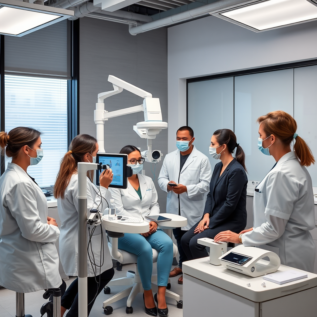 Team of certified dermatology specialists in a modern clinical environment with advanced skincare analysis equipment and professional consultation setup
