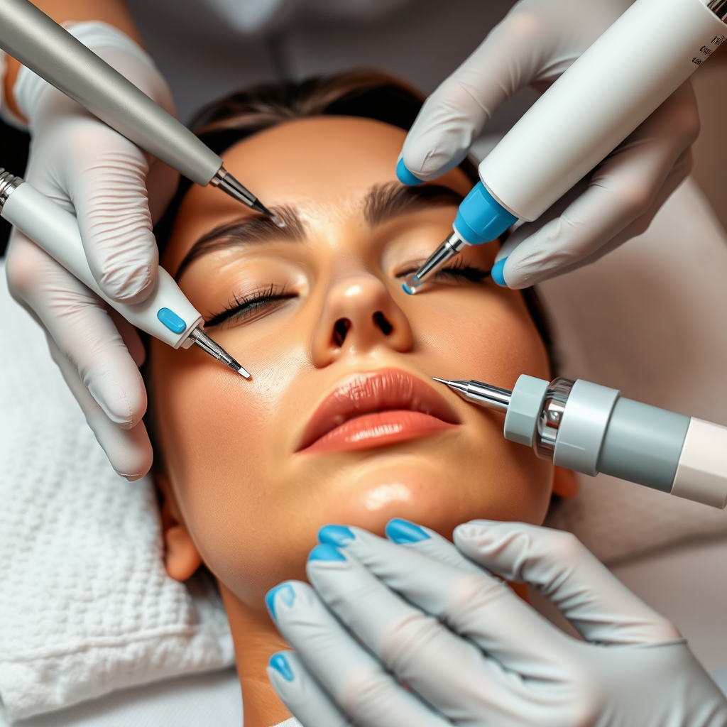 Close-up view of advanced facial treatment techniques showing professional extraction tools, therapeutic serums, and specialized equipment used for deep cleansing and pore treatment