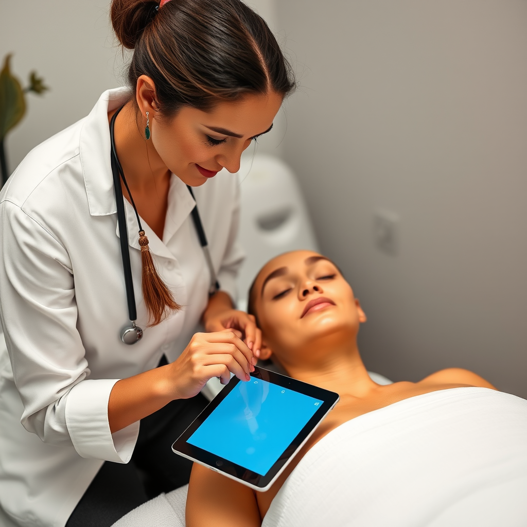 Skincare professional adjusting treatment plan on tablet while consulting with patient about personalized Apaleo maintenance protocol