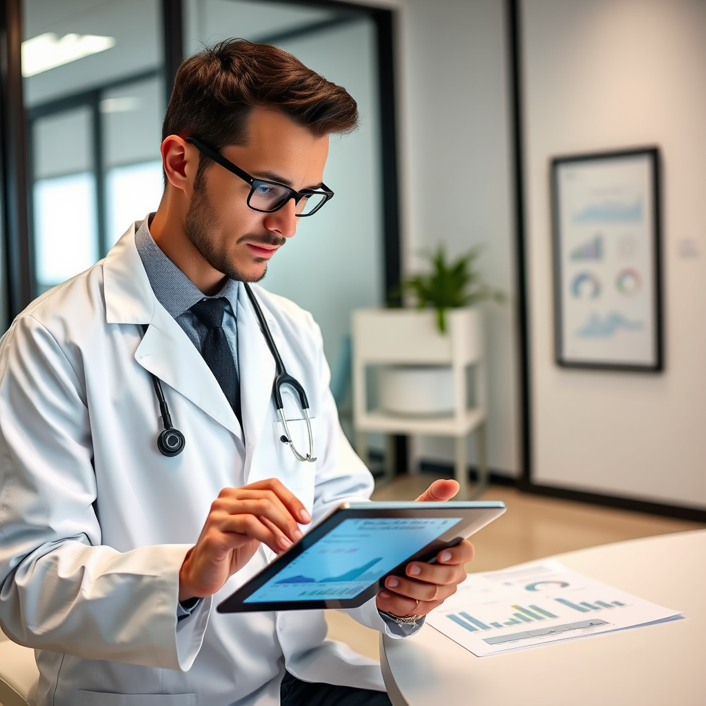 Professional dermatologist in white coat reviewing clinical study charts and graphs showing skin improvement data on a tablet device in a modern medical office setting