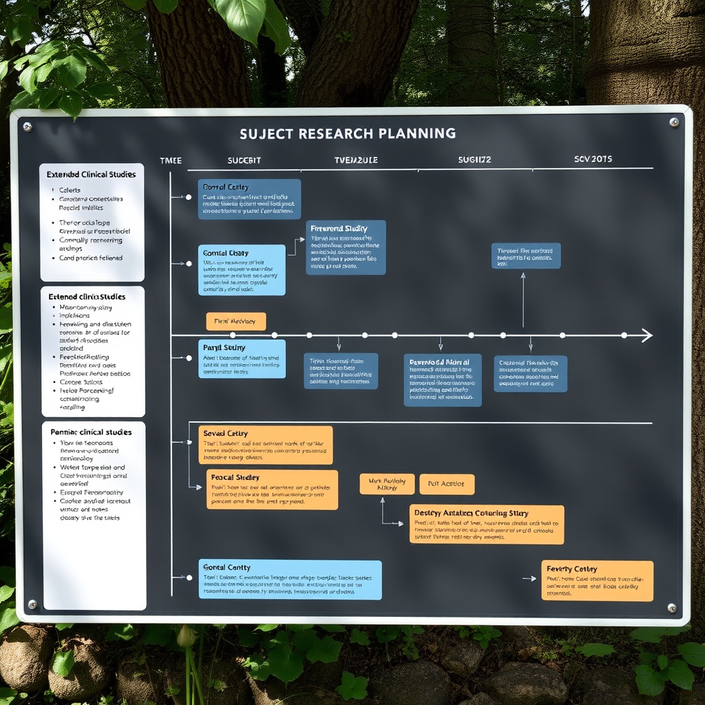 Scientific research planning board showing timeline for extended clinical studies and future dermatological research initiatives