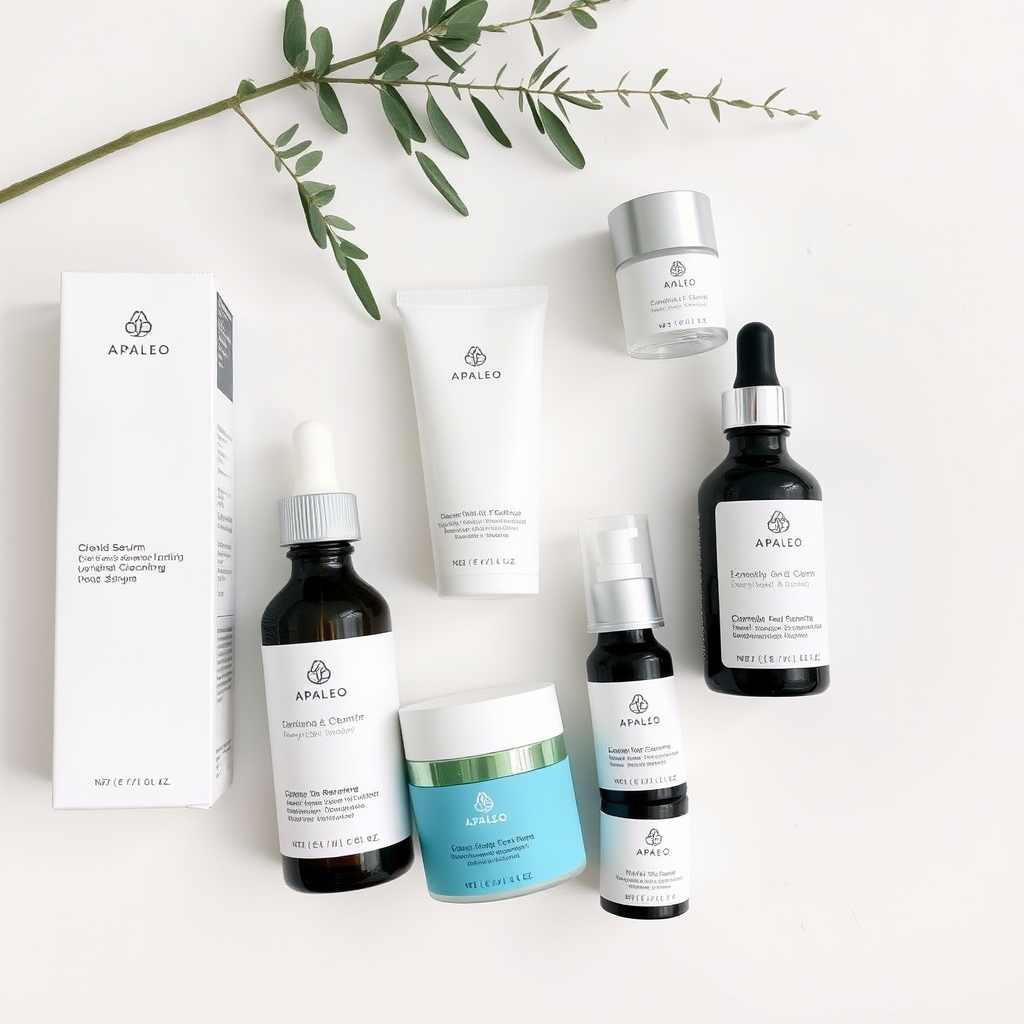 Personalized skincare products and regimen laid out on clean white surface, including serums, cleansers, and moisturizers with apaleo branding in minimalist packaging
