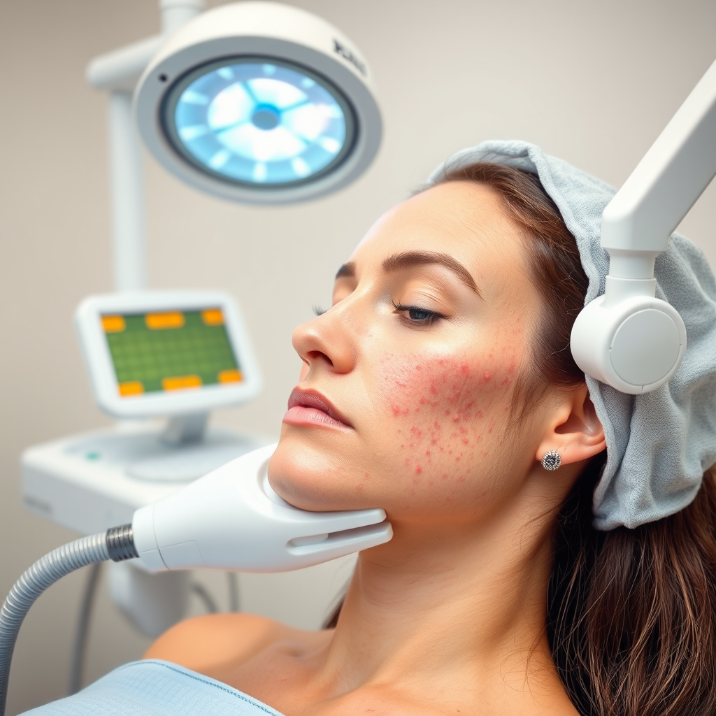 Clinical setting with advanced dermatological equipment for severe cystic acne treatment including laser therapy