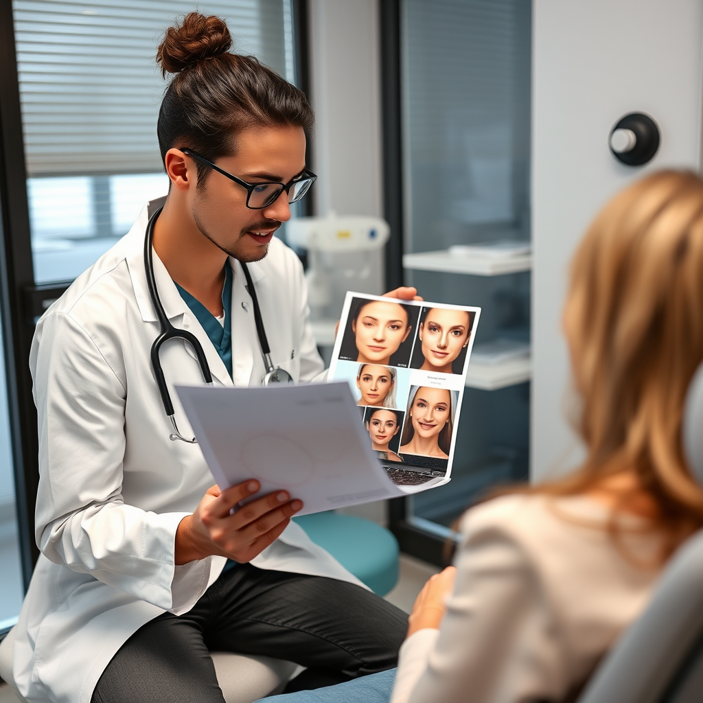 Healthcare professional reviewing patient progress charts and skin improvement photos during follow-up consultation, showing before and after results in modern clinic setting