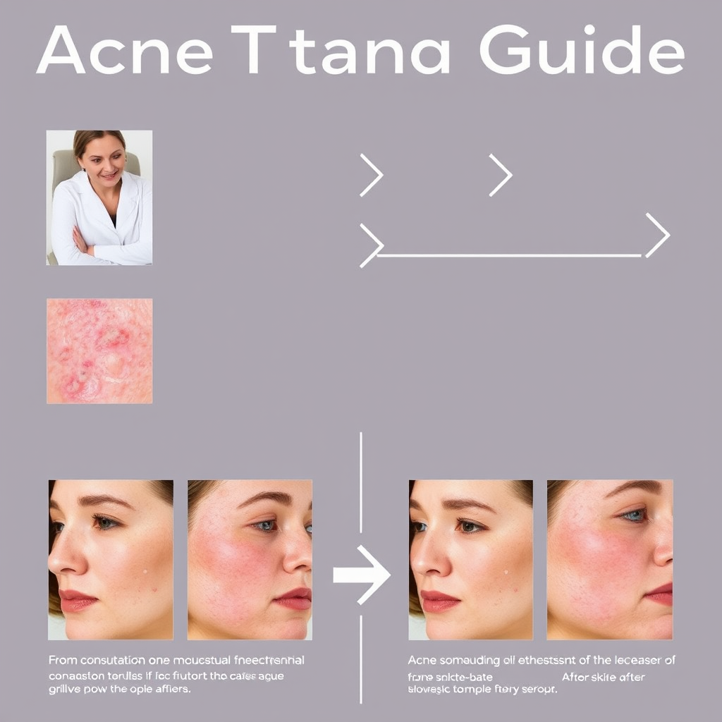 Step-by-step visual guide showing acne treatment process from consultation to clear skin results with before and after comparisons