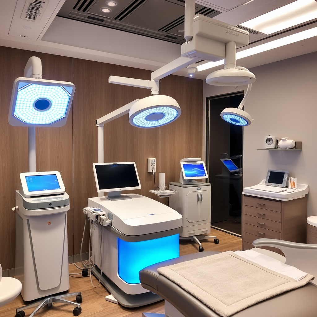 Modern dermatology clinic with state-of-the-art laser equipment, LED therapy devices, and professional skincare treatment tools